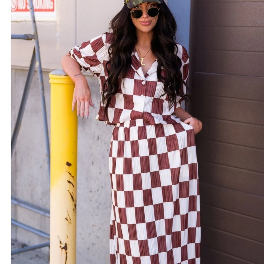 ❌❌SOLD❌❌Dressed in LALA Brown and White Checkered Blouse